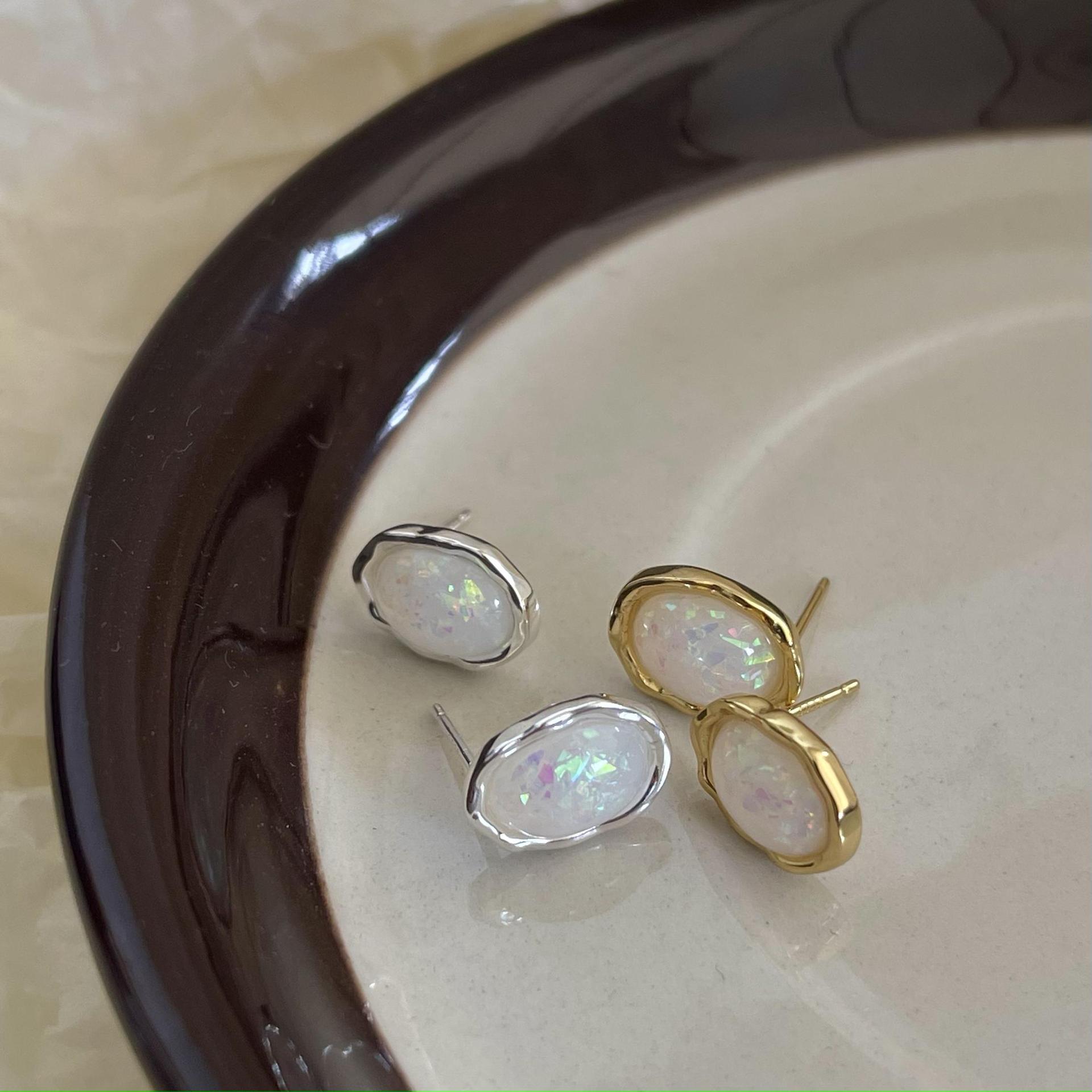 1 Pair Quantity 1 Pair 18K Gold Plated 925 Sterling Silver Opal Stone 925 Sterling Silver Earrings Oval Ear Studs