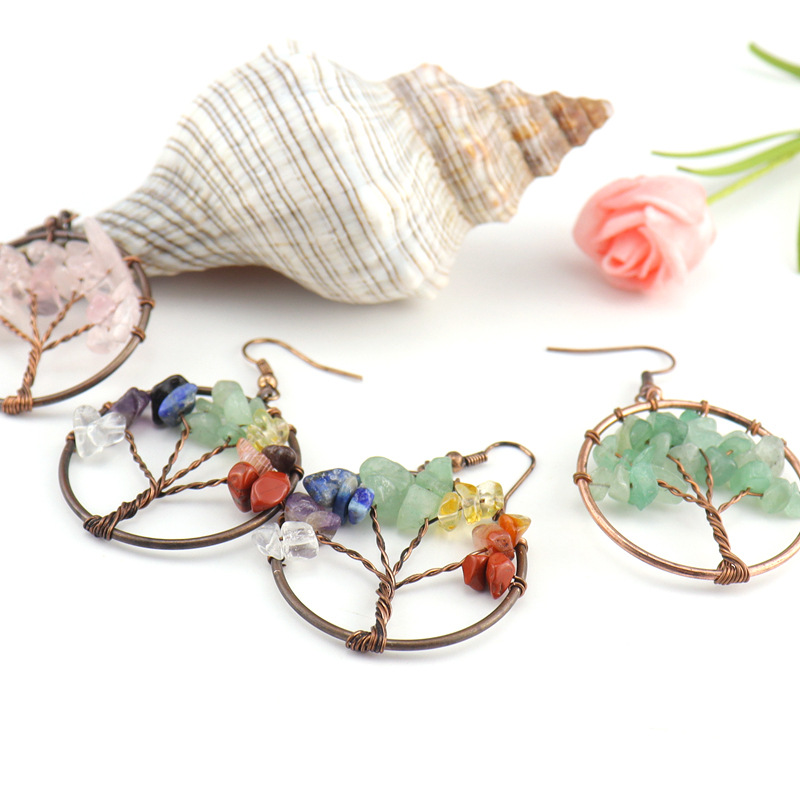1 Pair Quantity 1 Pair Retro Ethnic Style Pastoral Tree Life Tree Natural Stone Copper Crystal Women'S Drop Earrings Earrings