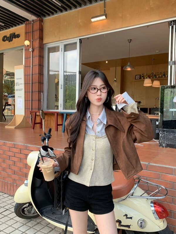 美拉德套装假两件条纹衬衫女秋季咖色麂皮绒外套夹克短上衣两件套|undefined