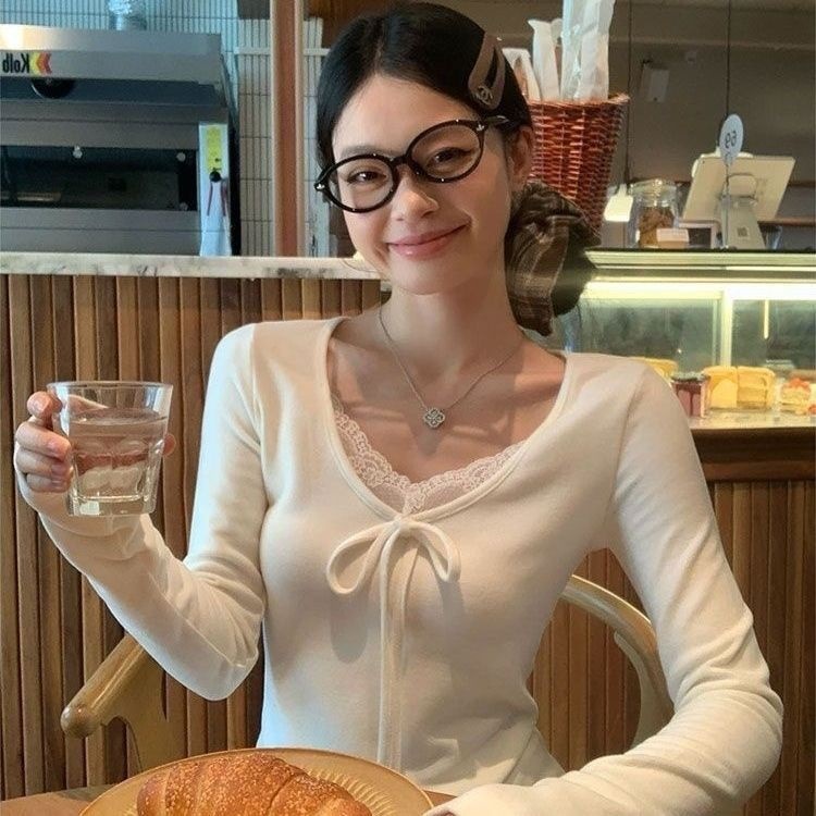 【40支酷丝绵1×1】韩系绑带蕾丝花边v领内搭秋冬单穿设计t恤上衣