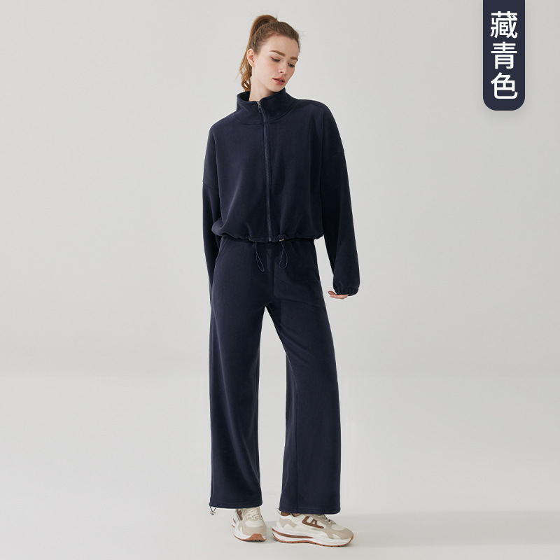 Suéter de cuello alto con cremallera de lana para mujer conjunto de dos piezas Otoño e Invierno engrosado cálido deportes Top pantalones traje casual