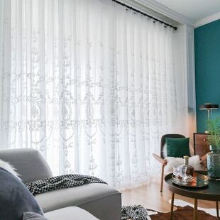 Nordic style gauze white window screen simple embroidered living room curtain high-end elegant European embroidery finished bedroom