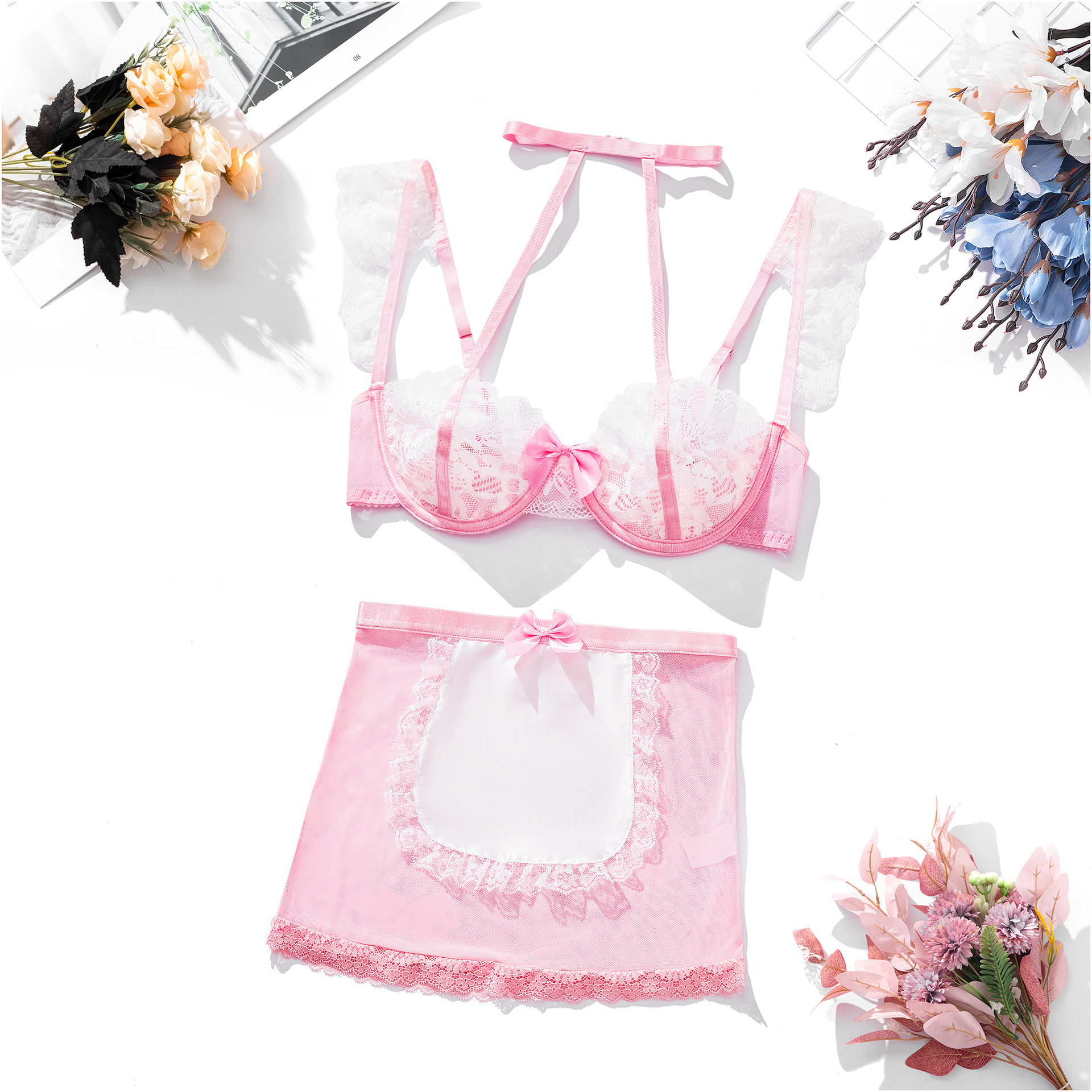 Sexy Dessous, sexy Frauen-BH mit Raffung, Spitzen-BH-Set, Dessous-Dienstmädchen-Outfit mit Stahlring-Verführung_voghion.com