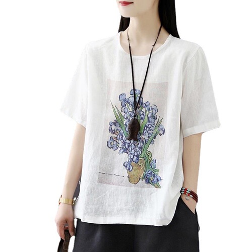 Cotton and Linen Women's Short Sleeve T-Shirt  Summer New Women's Top Loose Retro Print Plus Size Women's T-Shirt Trendy
