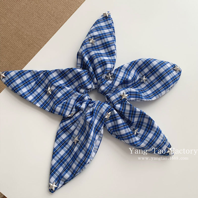 Estrella coreana hecha a mano, flor a cuadros, lazo para el cabello de intestino grueso, diseño de nicho, lazo para el cabello de alta calidad, accesorios para el cabello de cola de caballo diarios