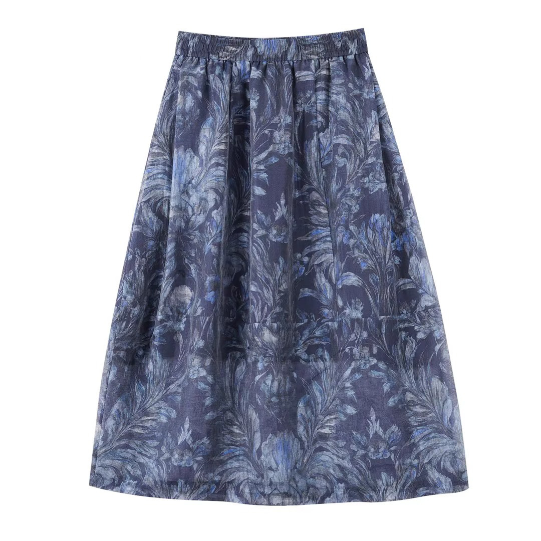 Tencel Linen A-Line Mesh Printed Skirt Slimming Look French Style 2025 Summer Mid-Length Light Bud Skirt