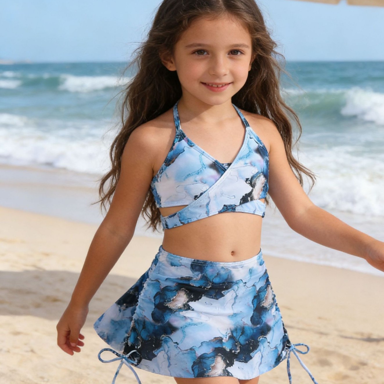 Foreign Trade Children's Swimwear for Girls, Two-Piece Skirt Style with Tie-Dye Print, Bikini for Older Girls, Children's Swimwear Three-Piece Set