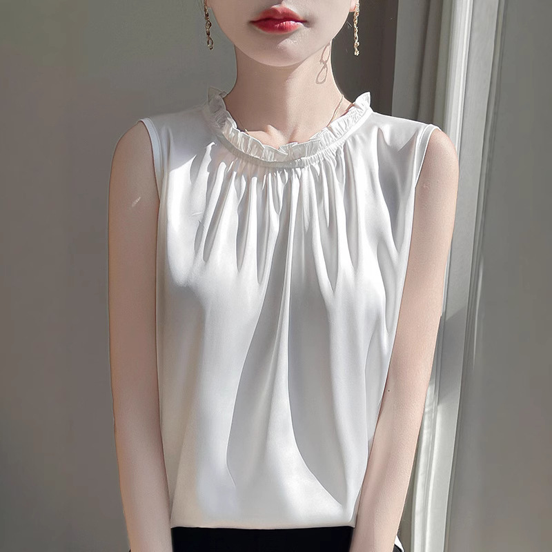 2025 Spring and Summer French Lace Collar Shirt Casual Satin Stylish Shirt Women's Fashionable Collar Sleeveless Base Vest