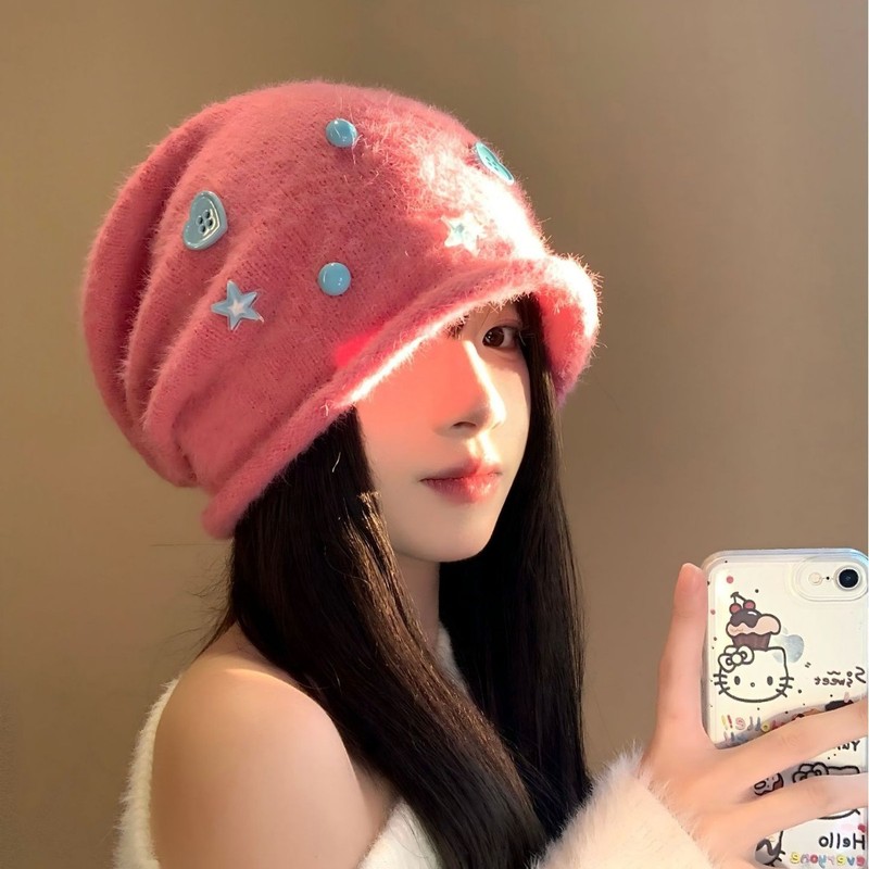 日系甜美爱心纽扣星星堆堆帽女秋冬保暖大头围显脸小宽松堆堆帽子|undefined