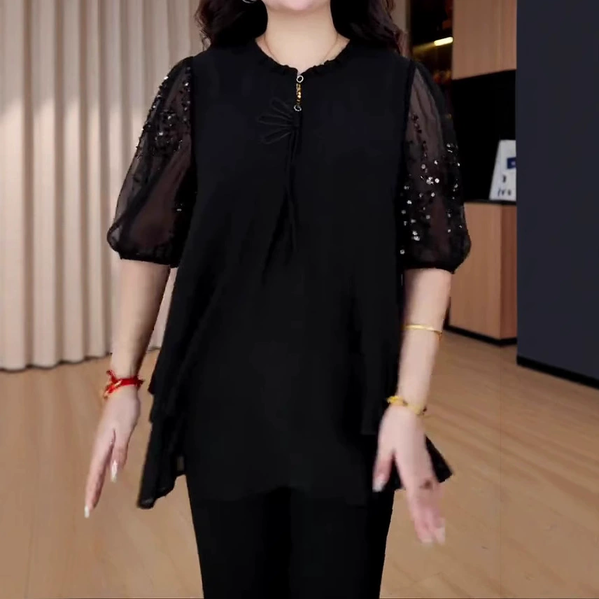 2025 Летняя новая легкая роскошная мода благородная женщина бисер ретро темпераментная рубашка большого размера свободная тонкая повседневная женская одежда