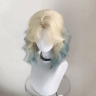 Women's Wig with Several Characters Bangs Platinum Gradient Blue Layers Short Curly Hair Daily Natural Age-reducing Full Headgear