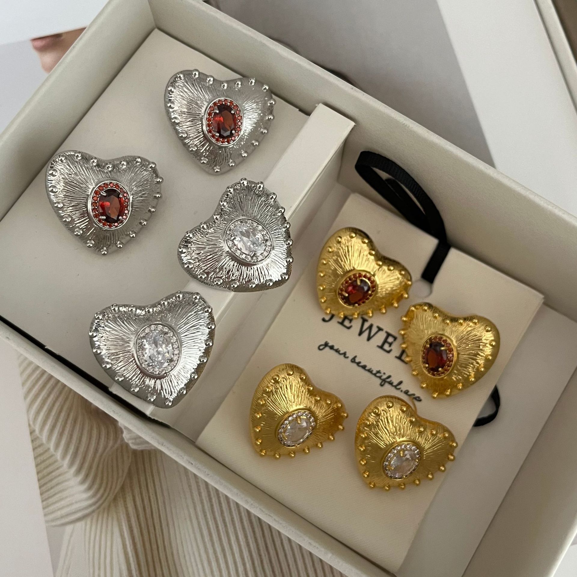 925 Silver Needle Colorful Zirconia Embossed Heart Earrings, Lightweight and Unique Design, Retro and High-End Women's Earrings