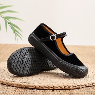 2025 Spring New Thick-Soled Women's Shoes Old Beijing Cloth Shoes Black Flats-Soled Hotel Work Shoes for Middle-Aged and Elderly Women's Cloth Shoes