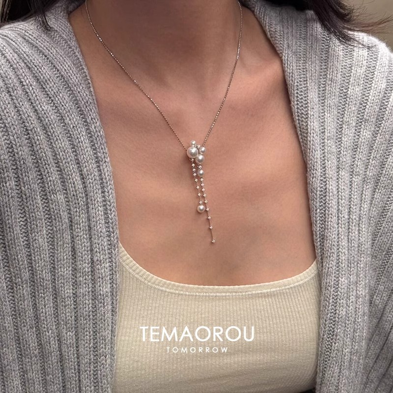 女性用フレンチクールパールとダイヤモンドのロングタッセルネックレス、軽い高級感、マイクロセットのジルコン鎖骨チェーンアクセサリー|undefined