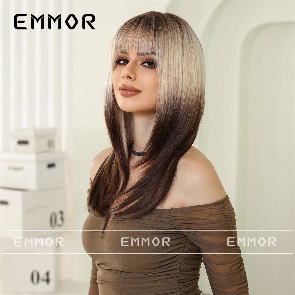 Suministro transfronterizo de nuevos productos Qi flequillo dorado degradado marrón en capas micro-rizado peluca europea y americana tipo de cabello completo