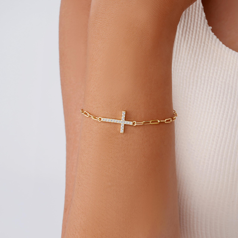 European and American Cross-Border Popular Style Versatile Gold Paper Clip Cross Zircon Bracelet Jewelry Wholesale