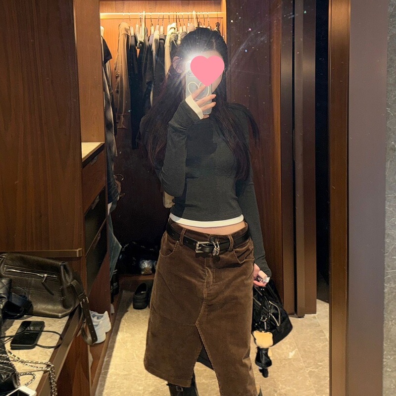 Front Slit Corduroy Mid-Length Skirt for Women Early Autumn Slimming Retro Skirt