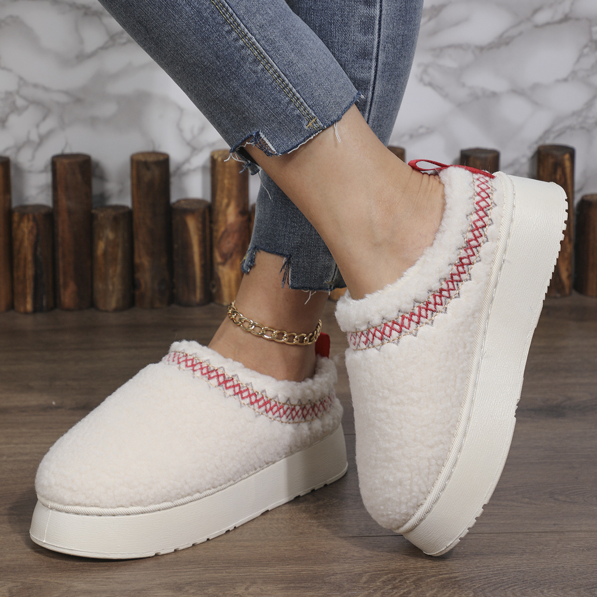 Ženski škornji za sneg iz jagnječje volne internetnih zvezdnic, jesen in zima, novi, z debelim dnom, s platformo, torta, oblačila za zunanjo uporabo, topla nedrseča krznena obleka_voghion.com