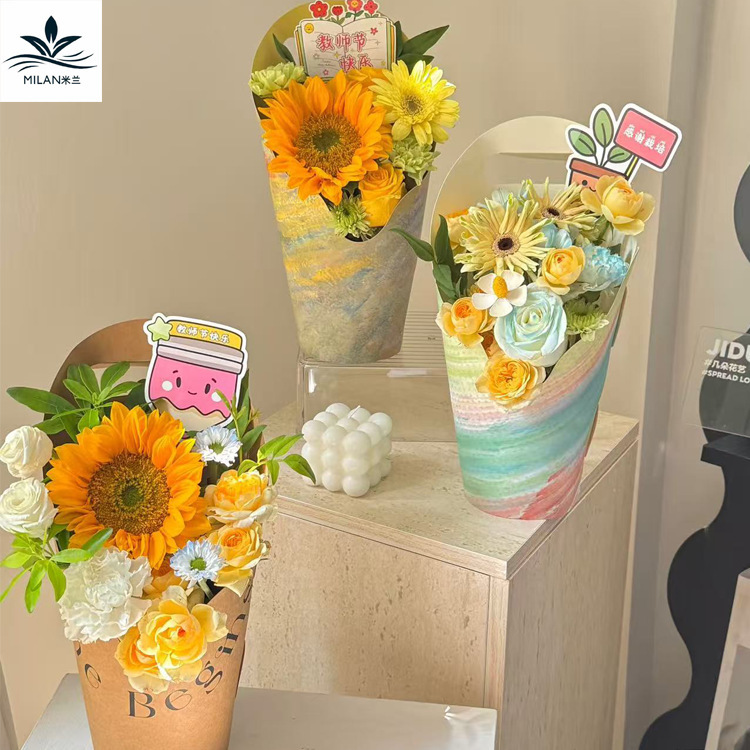 ins油画风教师节手提花盒蝴蝶兰盆栽花束包花礼物盒 向日葵包装盒|undefined