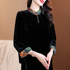 新中式丝绒真丝上衣女2025新款桑蚕丝立领盘扣小衫国风提花衬衫秋