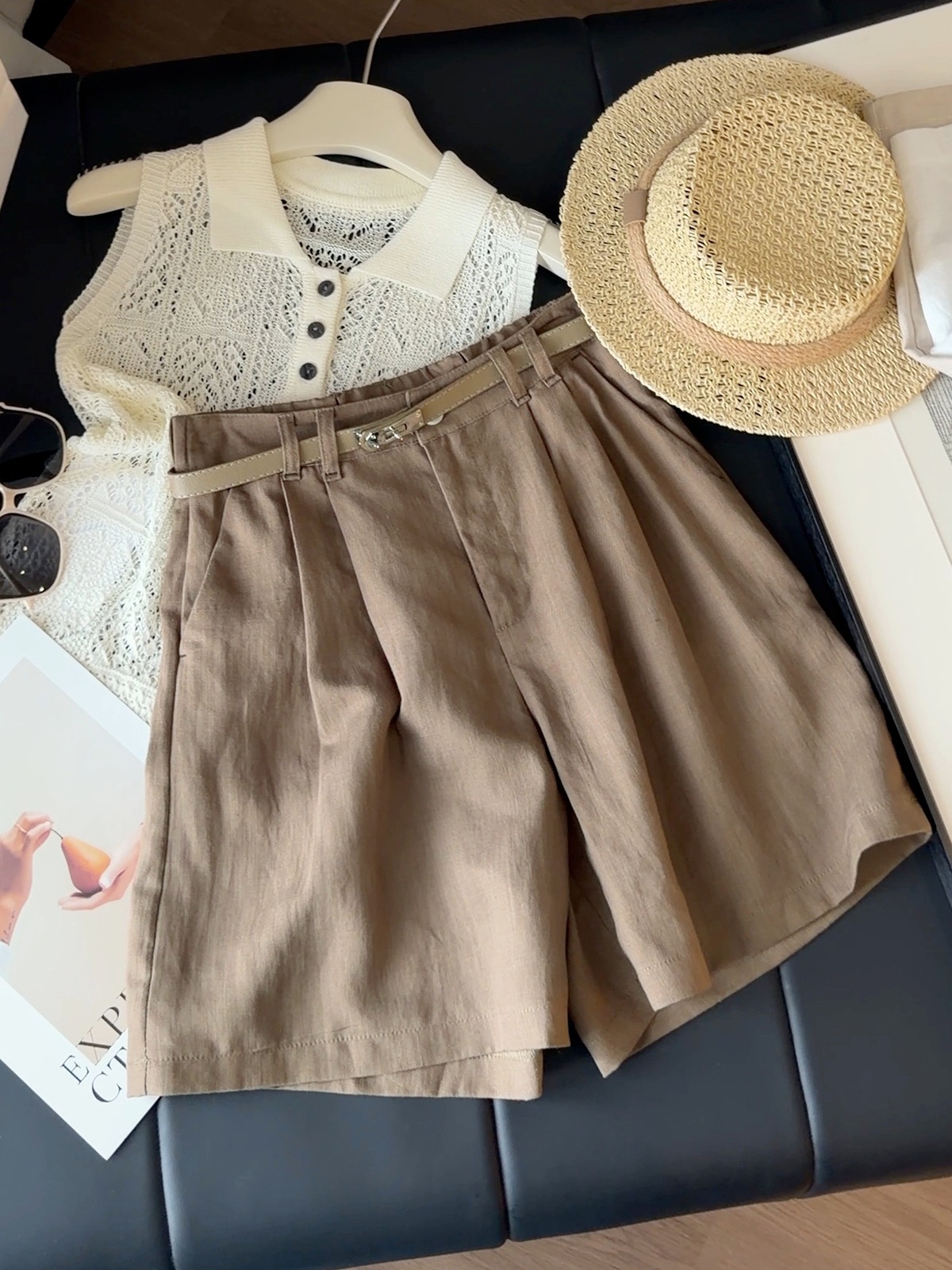 Quần short nữ ống rộng cạp cao chất liệu cotton pha linen phong cách lão tiền phong — Tiền cũ