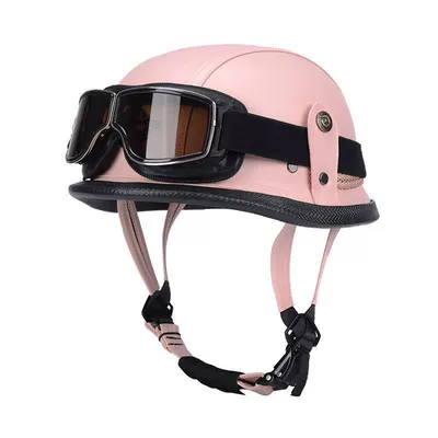 Motosiklet dəbilqələri — Leather Helmet, Retro Half Helmet - m55-56-pink-retro-mirror-limited-time-carnival