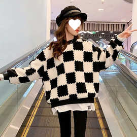 女童棋盘格加绒卫衣2022秋冬新款中大童女孩洋气时髦上衣格子衫潮