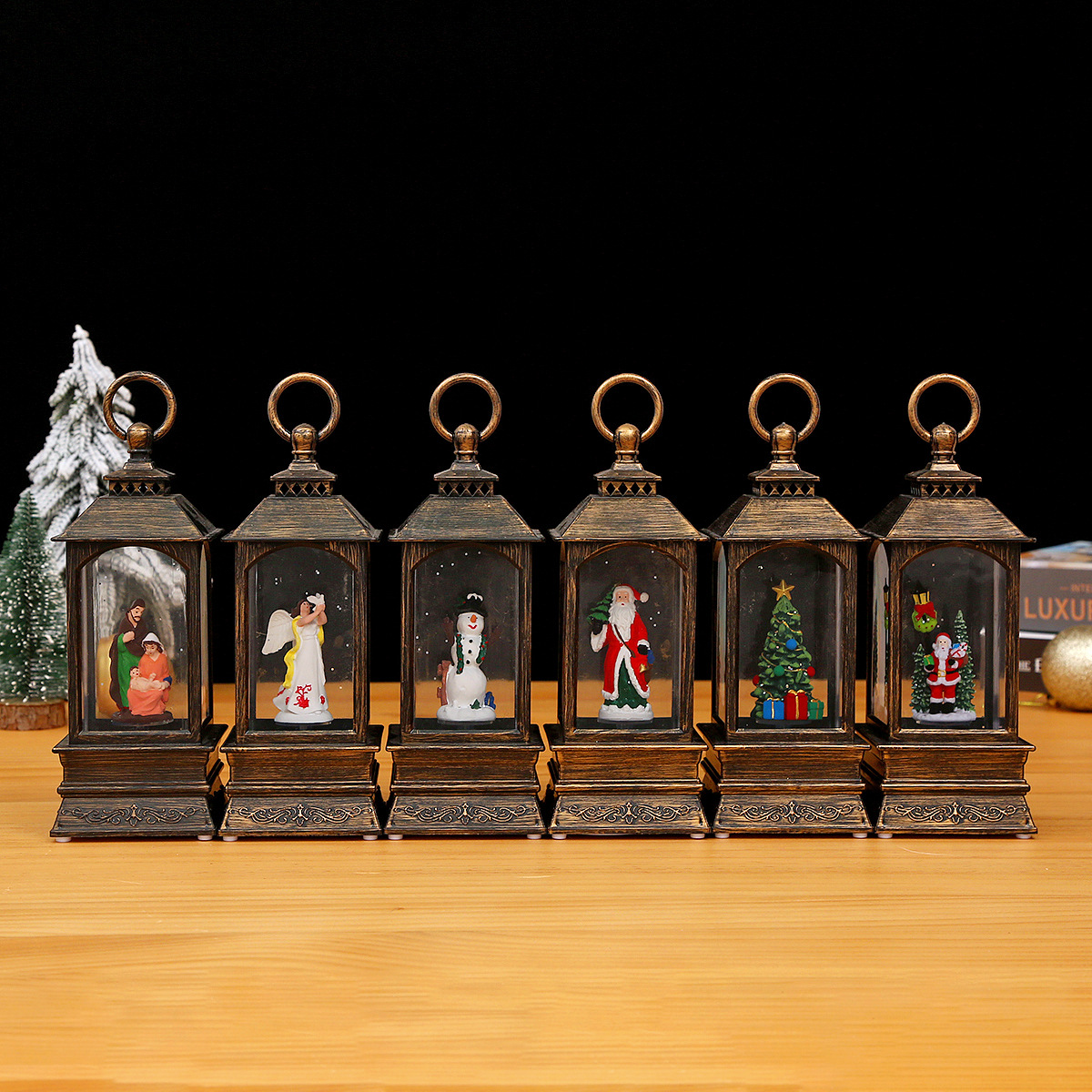 新款喷雪音乐发光油灯摆件 马灯 酒店商场橱窗摆件 圣诞节装饰品