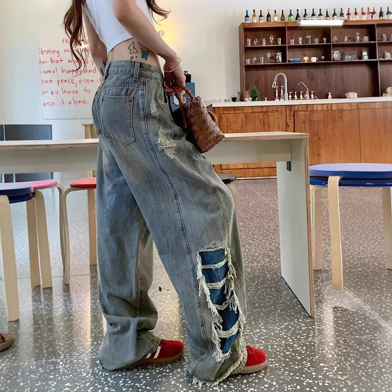 American Retro Hot Girl Jeans Women's Summer New Ripped Design Sense Wide Leg Pants Straight Tube Trendy Long Pants American Retro Hot Girl Jeans Women's Summer New Ripped Design Sense Wide Leg Pants Straight Tube Trendy Long Pants