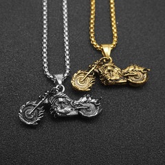 跨境歐美潮人骷髏頭火焰摩托車吊墜嘻哈朋克靈魂戰車男士鈦鋼項鍊