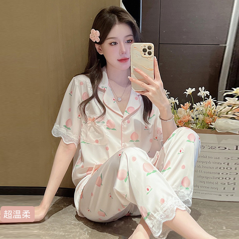 Peach Pajamas for Women, Summer Ice Silk Short-Sleeved Thin Style, Summer Petite Girls' Sweet Silk Loungewear Set
