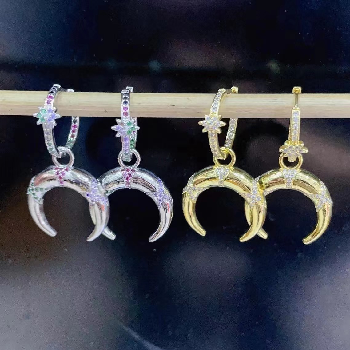 Daily, Street Occasion Copper Material 1 Pair Casual Moon Copper Plating Inlay Zircon 18k Gold Plated Drop Earrings
