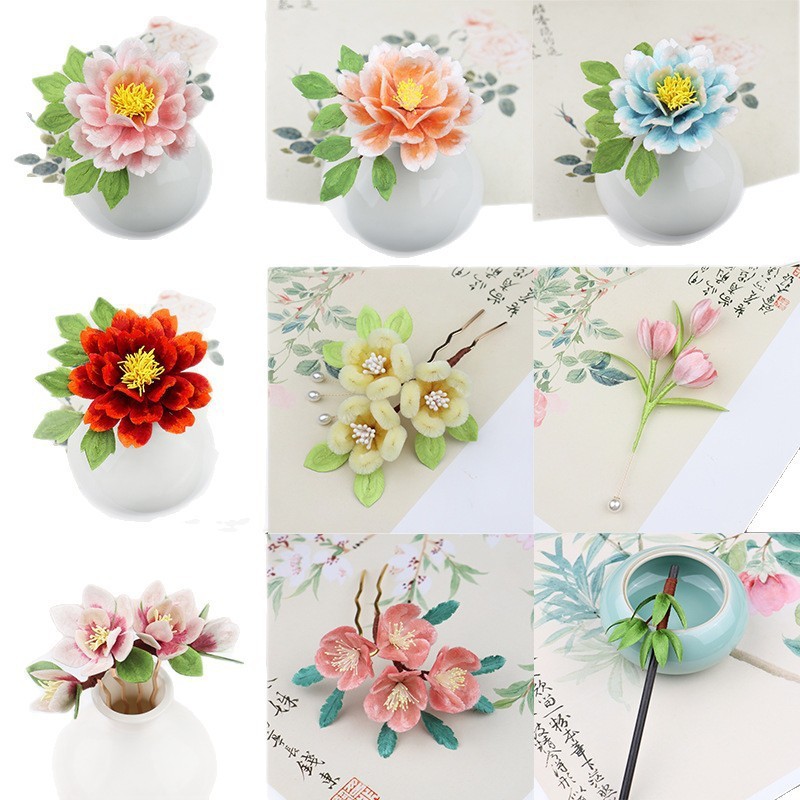 免劈丝渐变蚕丝线非遗绒花diy材料无捻缠花手工古风发簪发饰材料|undefined
