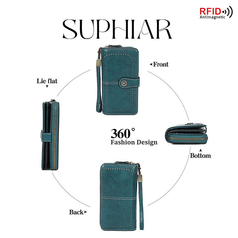 Amazon venta caliente RFID cepillo antideslizante billetera de damas larga cremallera pu europea y americana gran capacidad billetera de mano