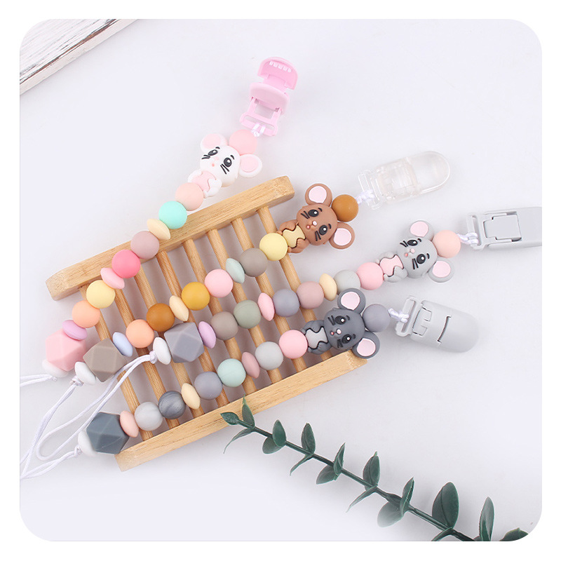 Nuevos artículos para bebés y niños animados animales ratón pezón cadena para calmar bebés cuentas de silicona morder molares cadena anti-caída