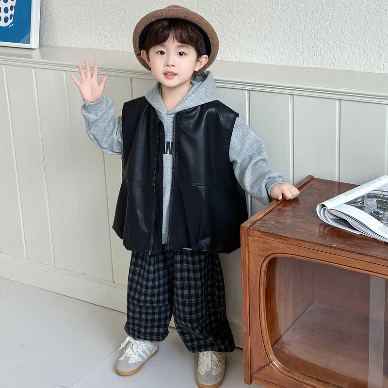 男童连帽卫衣三件套2025新款春秋季韩范套装痞帅衣服儿童装皮马甲|undefined