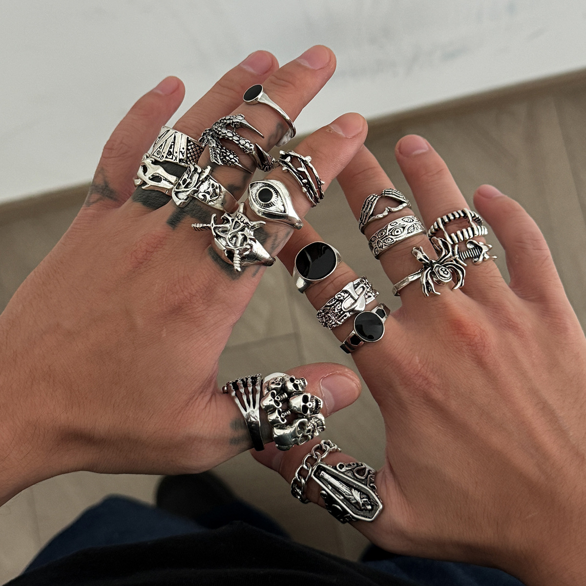 European and American Exaggerated Punk Style Ring Men's Hip-Hop Personality Skull Oil Dripping Ring Set Cross-Border Retro Men's Hand Jewelry