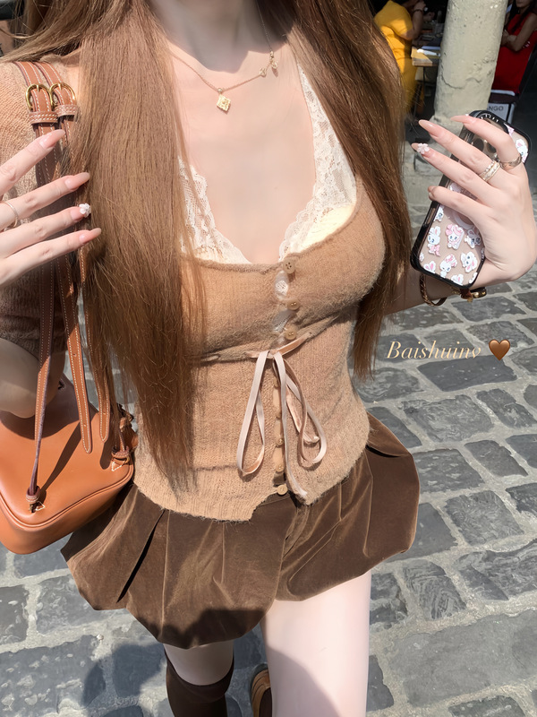 白水女 纯纯嗲欲套组 U领针织衫+花边挂脖吊带女早秋氛围感上衣|undefined