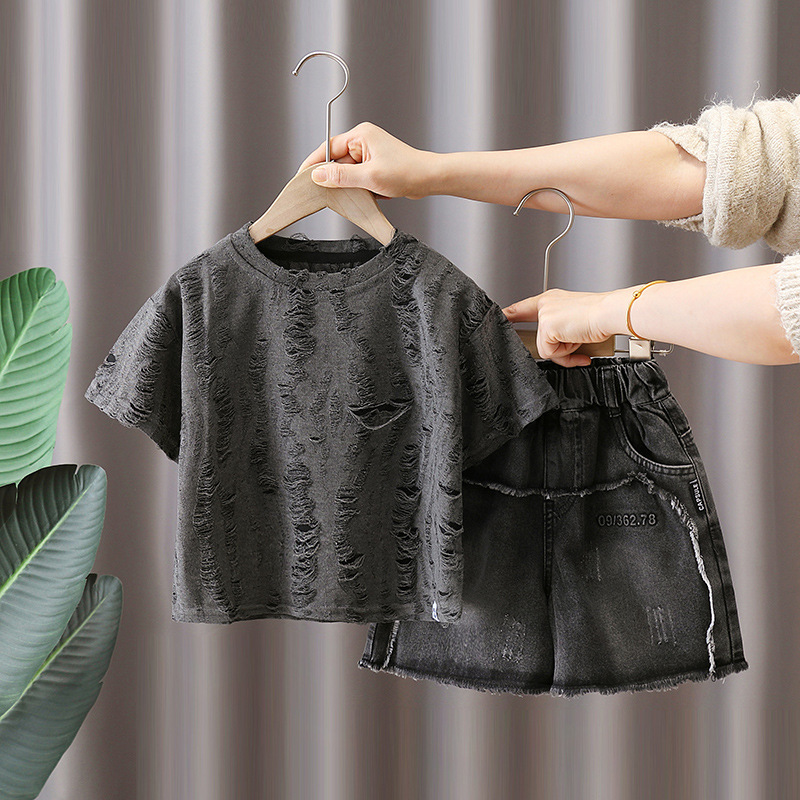 7133 traje de verano para niños ropa coreana de manga corta para niños camiseta hueca de verano pantalones cortos de mezclilla de dos piezas de verano