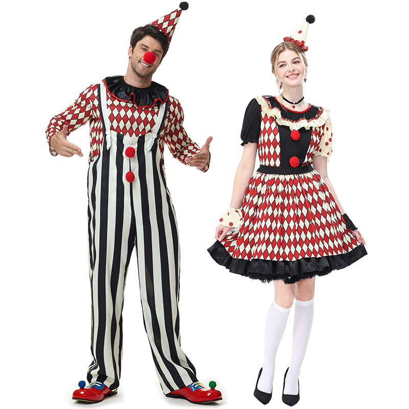 Halloween Male and Female Couple Circus Clown Costumes Adult Masquerade Striped Diamond Pattern Performance Set