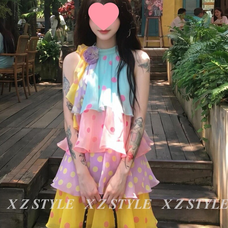 Dopamine Candy Girl Colorful Polka Dot Halter Dress Summer New Sweet Style A-Line Cake Short Skirt