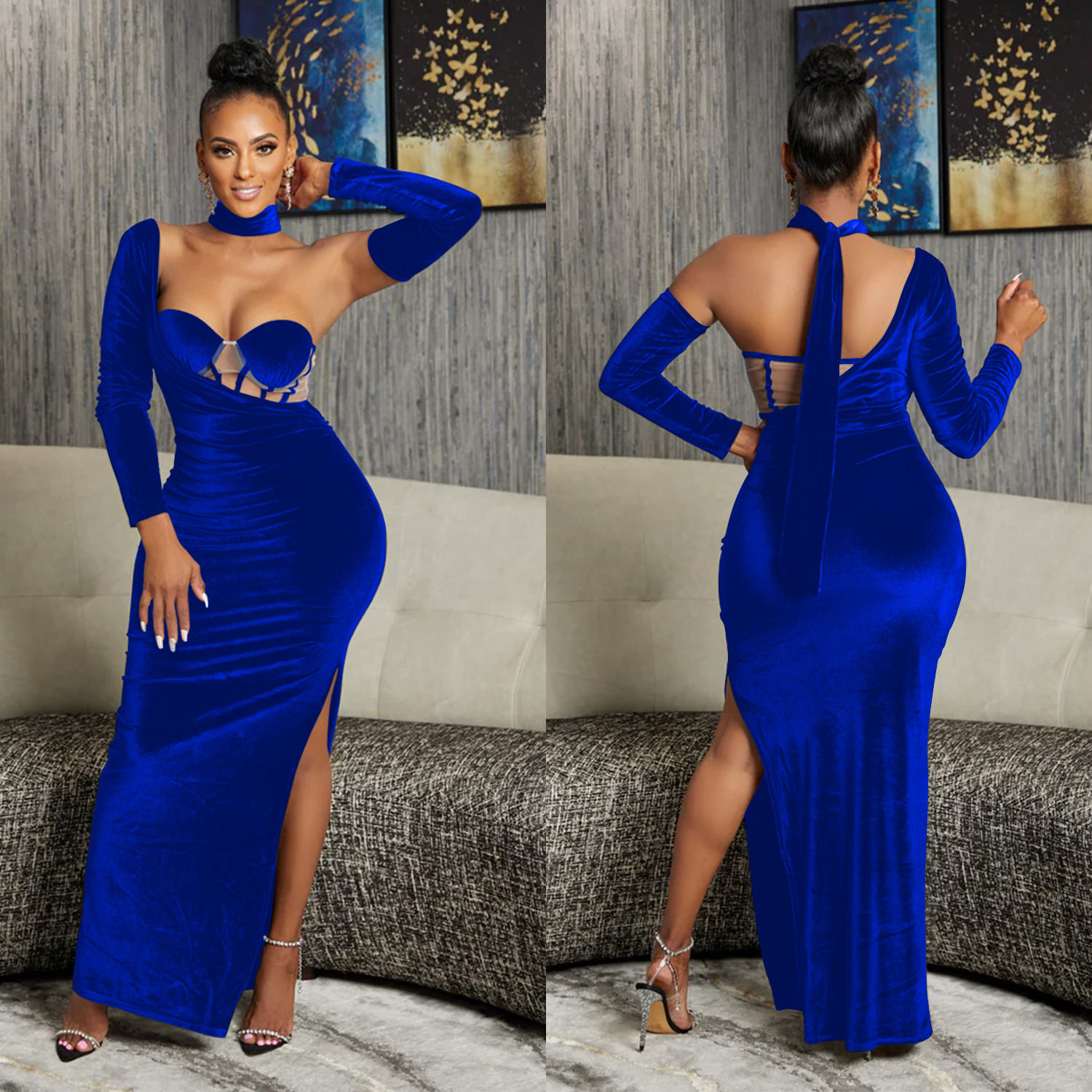 X6652 transfronteriza AliExpress Amazon moda europea y americana de las mujeres de color sólido tubo superior guantes vestido largo vestido image 4