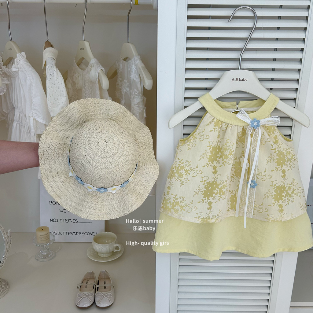 [Le En baby] Vestido de vacaciones amarillo de verano para niñas, vestido de princesa linda, falda de chaleco de moda de estilo occidental