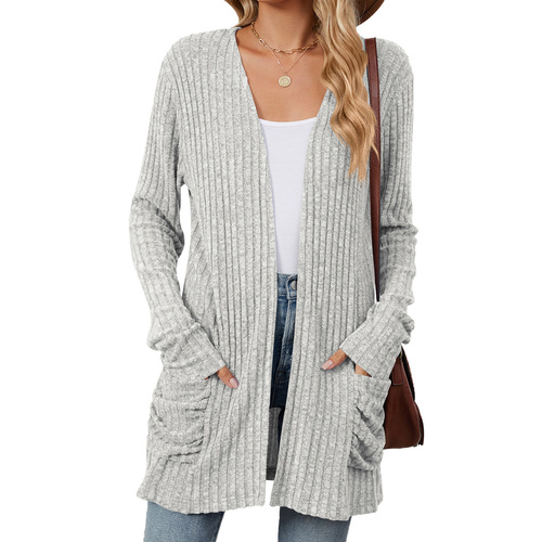Amazon Europe and US Cross-Border Foreign Trade 2024 Autumn/Winter New Solid-Color Pocket Long-Sleeved Base Cardigan Knit Sweater in Stock