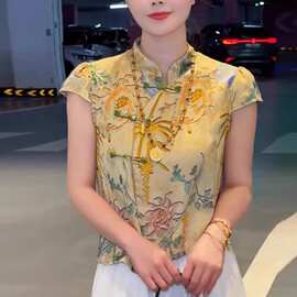 新中式衬衣女2025夏季夏款开衫百搭刺绣不规则百搭短袖上衣潮爆款