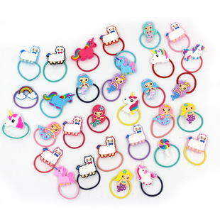 Korean style candy color children's hair accessories PVC unicorn Flamingo mermaid dinosaur expression baby rubber band hair ring