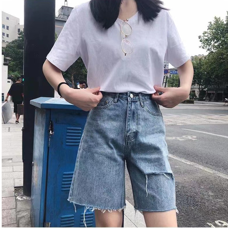 Denim Five-point Pants Women's Loose Straight Mid-length Pants Hong Kong-style Hole Mid-length Pants Trendy Outer Wear Torre Pants Mid-length Shorts