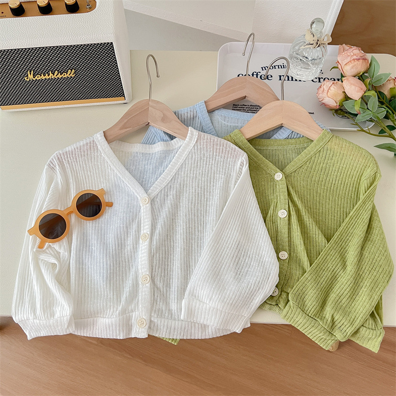 Summer Girls' Foreign Trade Sun Protection Shirt Baby Stylish Children's Personality Trend Brand Korean Version Plain Color Knit Air Conditioning Open Shirt