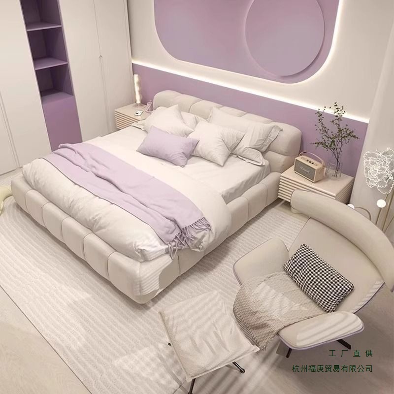 New Cream Style Technology Velvet Fabric Bed Modern Home Bedroom Large Bed Soft Bag Puff Cloud Bed Ins Style