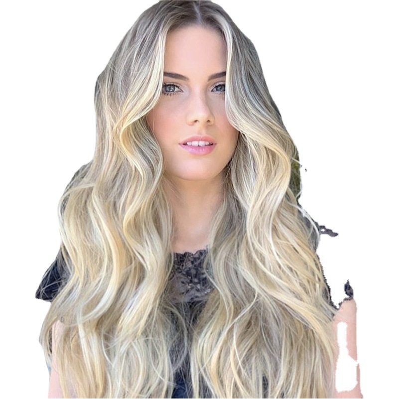 Peluca europea y americana Peluca de las mujeres de pelo largo rizado de oro peinado largo onda grande mullido fibra química peluca cabeza cubierta